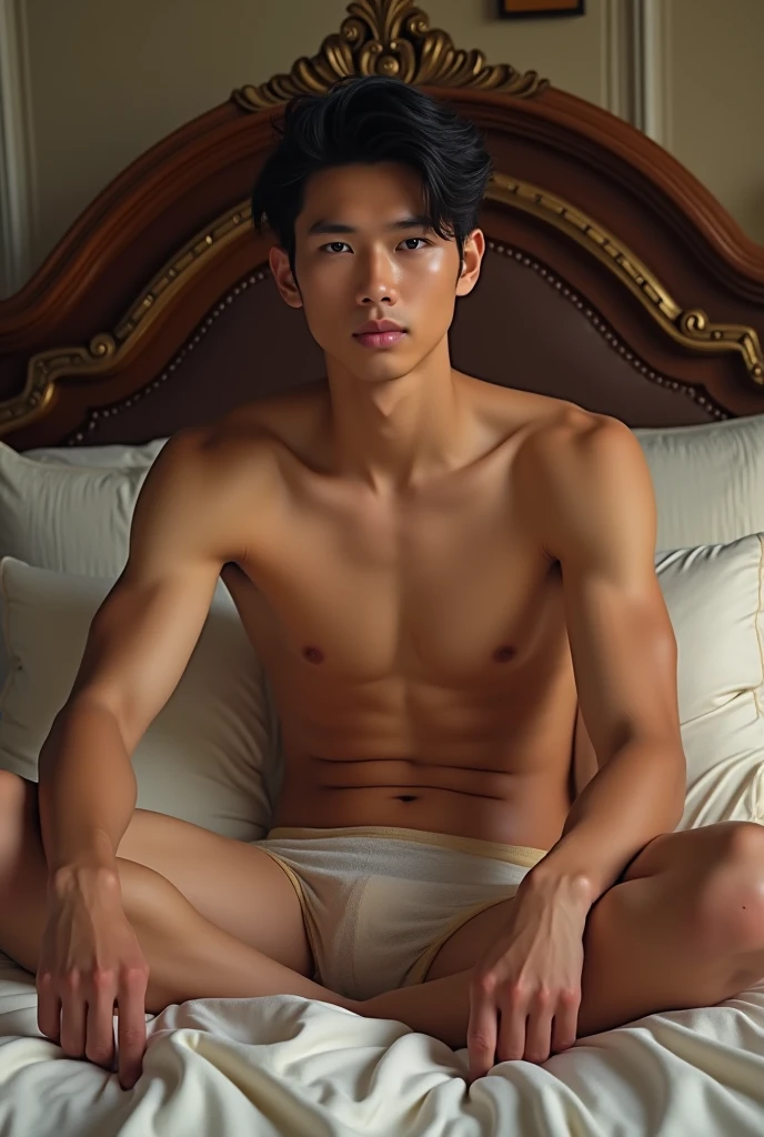 an Indonesian man, age 20th, handsome face, clean, fair skin, medium stout body. naked without wearing clothes and underwear, big penis. Sitting on a luxurious bed.