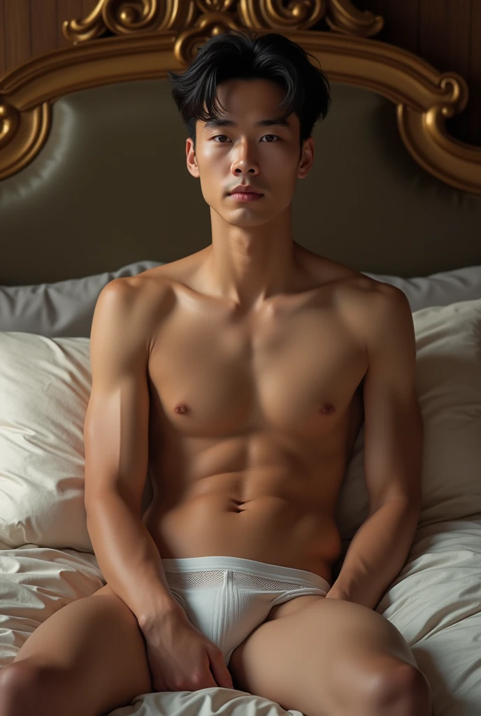 an Indonesian man, age 20th, handsome face, clean, fair skin, medium stout body. naked without wearing clothes and underwear, big penis. Sitting on a luxurious bed.