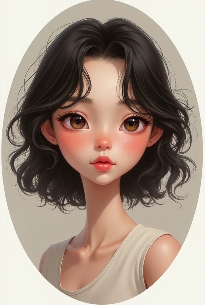 With glass, light coloured mole just below and little away from right eye near the nose who has small lips which is big in the down and smaller in the up lips, oval shape slim with good outfit with curly hair(2b and 2c curls in the front and 3a and 3b curls at back) shoulder length long hair lighter eyebrows, smaller eyes pinkish colour anda little long forehead without any freckles qnd the hair is of more volume, oval face and look young