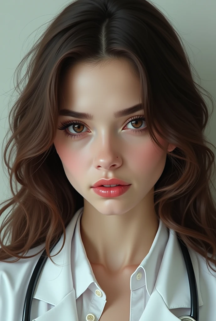 A female doctor with long brown curly hair, White skin, dark brown slanted eyes, big mouth, with a mole near the mouth, pointed eyebrows 