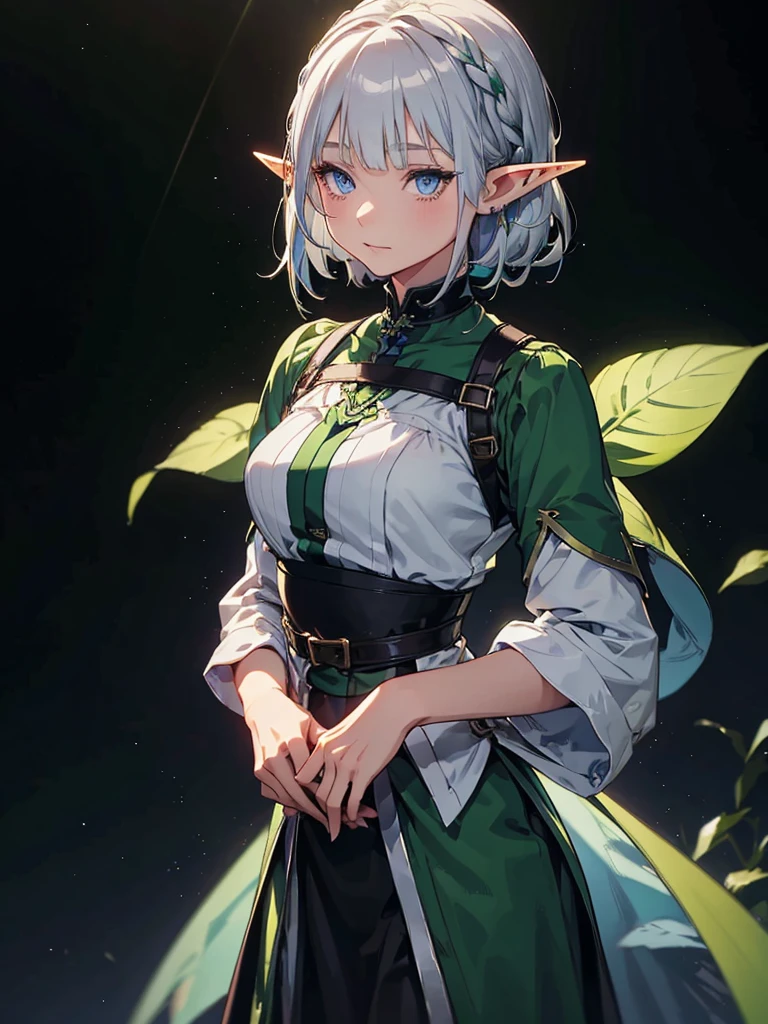 Green clothing、Black background with spotlight, Long eyelashes,　Pointed Ears、Elf、Silver Hair、blue eyes、Braided shorthair、