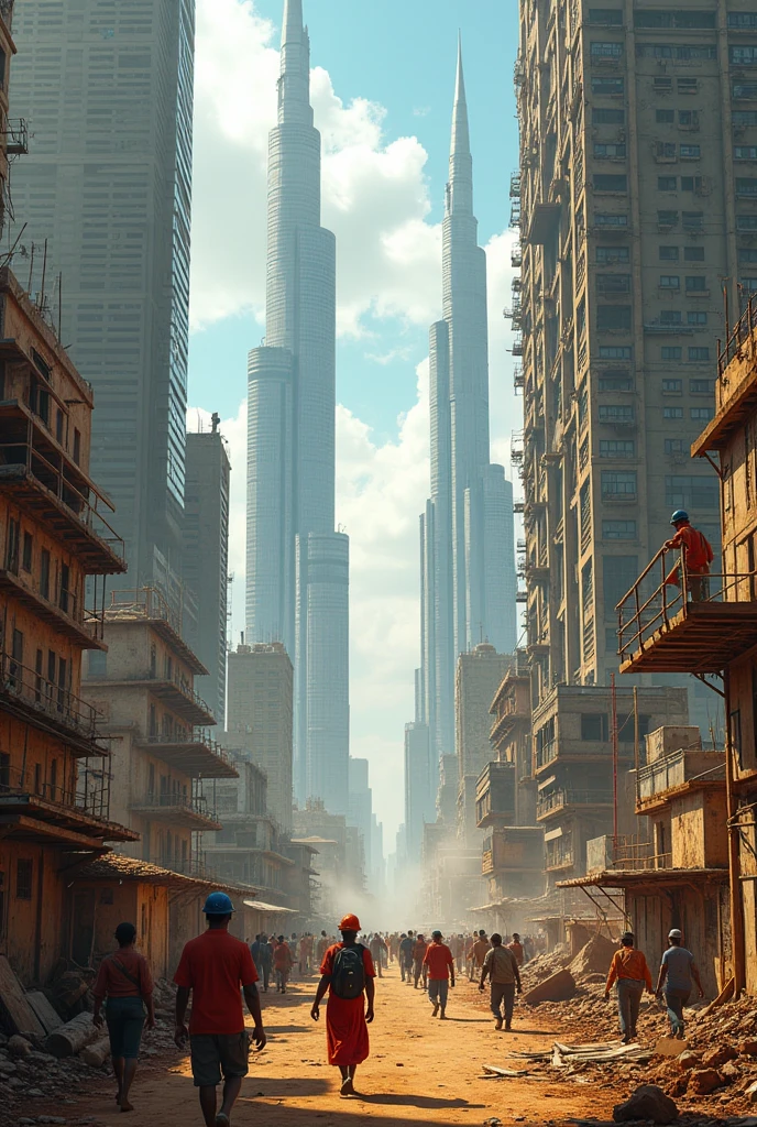 A constructions in africa with a tall and a shorty buildings that shows a difficult situation 