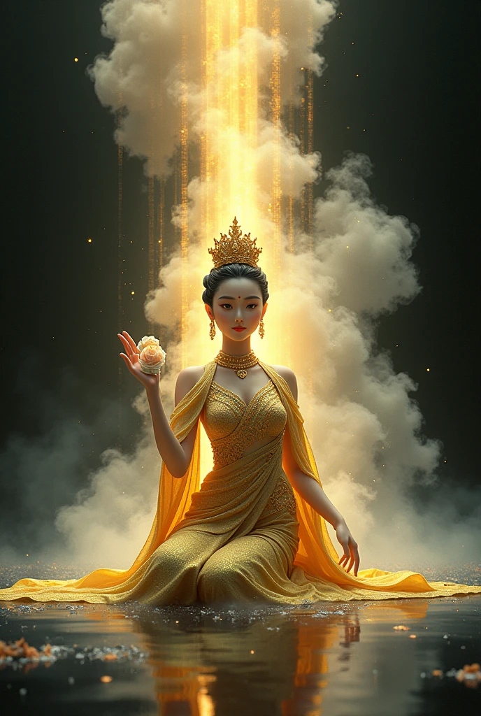 Creat img , aurora color,  wide shot, digital noise free, 300dpi, Full body view of a beautiful woman, face detailed , fair skin, 1, sitting, kneeling position, left hand on her lap with money bag. Right hand hold up  in a beckoning gesture to call upon luck. Dressed up as the Goddess Nang Kwak  with a beautiful, golden-green traditional Thai costume that sparkles and sparkles. Fluttering with the wind On the black glass surface, reflections and there was a smoke aura spread all over A large golden aura attacked the white-gray aura. Virtual and non-virtual floa  , detailed part, detailed backgroud, Thai art pattern, personalize , Chakrabanhu Posayakrit Stlye, d6adrx--stlize300