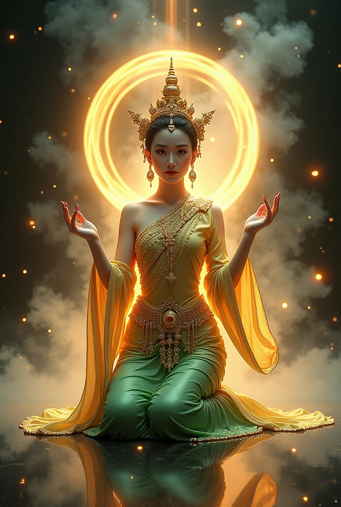 Creat img , aurora color, wide shot, digital noise free, 300dpi, Full body view of a beautiful woman, face detailed , fair skin, 1, sitting, kneeling position, left hand on her lap with money bag. Right hand hold up in a beckoning gesture to call upon luck. Dressed up as the Goddess Nang Kwak with a beautiful, golden-green traditional Thai costume that sparkles and sparkles. Fluttering with the wind On the black glass surface, reflections and there was a smoke aura spread all over A large golden aura attacked the white-gray aura. Virtual and non-virtual floa , detailed part, detailed backgroud, Thai art pattern, personalize , Chakrabanhu Posayakrit Stlye, d6adrx--stlize300