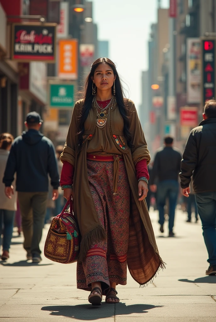 Indigenous woman walking down the street with a bag