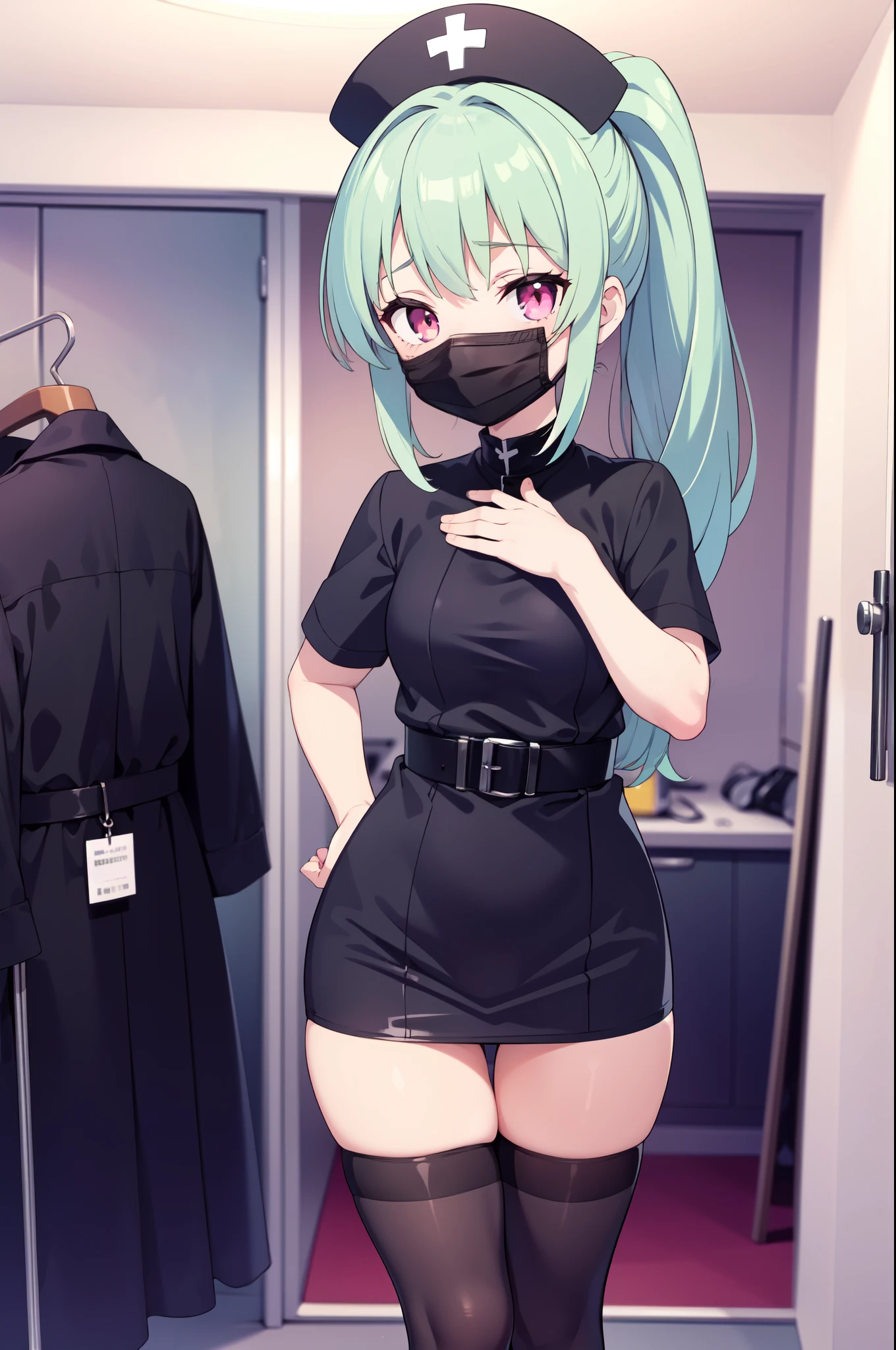 black nurse, 1girl, solo, black nurse cap, black nurse uniform, ((black legwear, zettai ryouiki)), black elbow gloves, ponytail, green hair, pink eyes, ((black surgical mask, covered nose)), standing, ((surgery room)), sharp outline, short sleeves, best quality, masterpiece