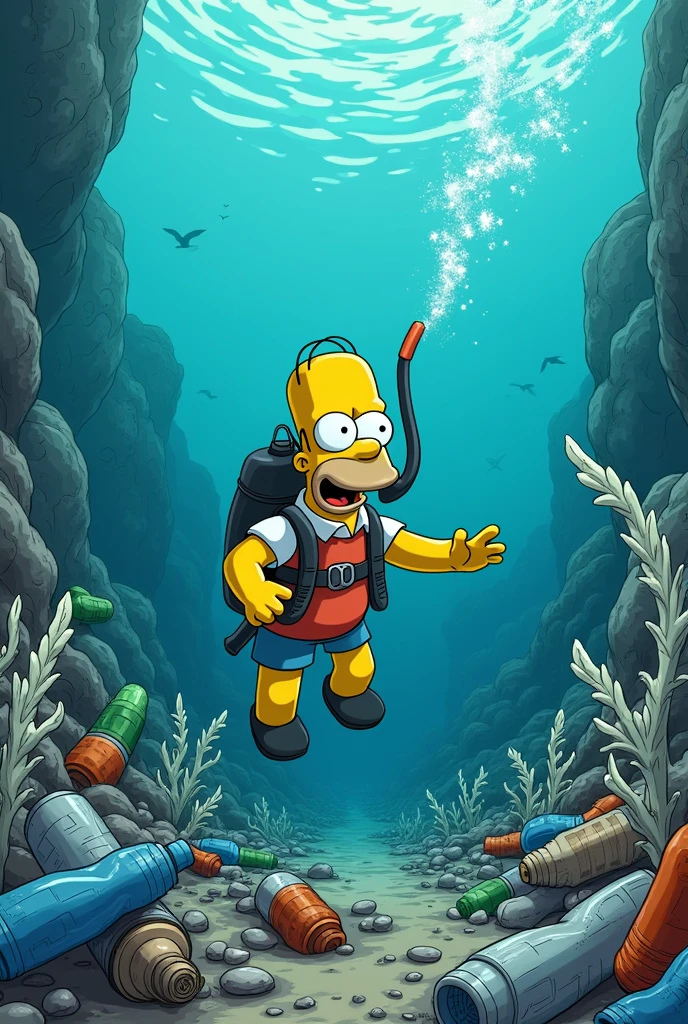 a simpsons style image underwater of a Simpson scuba diving in a polluted ocean that is scary. there are plastic bottles and other rubbish in the ocean. the fish are dead. there is no wildlife. there is white dead seaweed