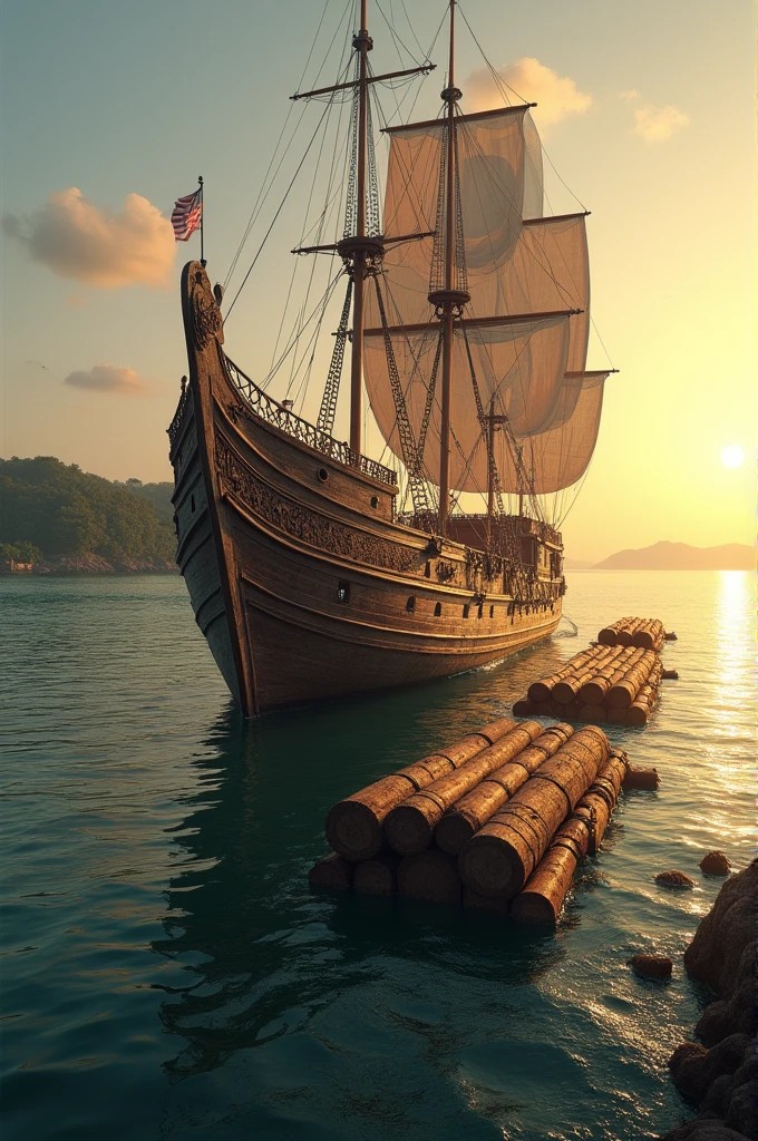 Generate a image of huge Medival time indian ship in bay of bengal which is carrying huge teak tree logs(floating in the sea) tied through huge chains
