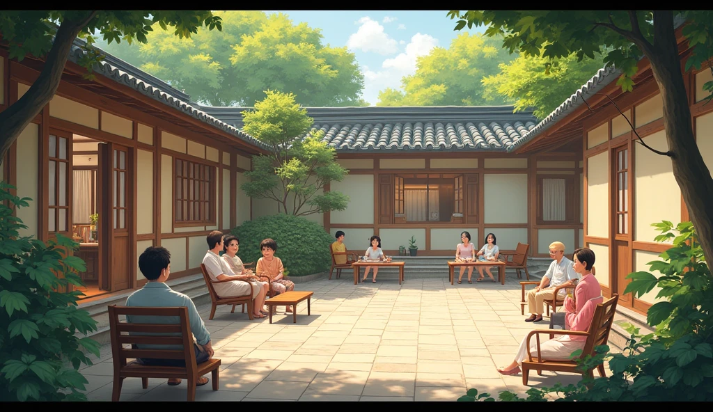 Somewhere all the people are sitting in the courtyard of the house image