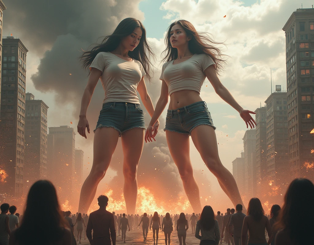 (Giant girl Art), (Super Best masterpiece giant girl Raw Photography Art), (16K, Highest quality, Ultra-high resolution, RAW Photos), (Although it is the real world, It&#39;s so unrealistic.), (Very detailed描写の, fight巨人女, Ultra-realistic), (Japanese Girls, So beautiful and detailed, Perfect female body, Accurate female body structure, Accurate female body movements, Very detailed女体ボディ, Super big breasts), Short sleeve shirt, Short skirt, I can see your pants, Very cute face, (Very detailed描写, Clear and accurate perspective depiction, Ultra-wide field of view, Focus on the average value of the image), (Very detailed, World collapse panic movie depiction), A 500m-tall giant girl, 2 people, The face and body are identical, fight, Scramble, Catfight, Action Movie, Depicting the destruction of an entire city, Onlookers also caught up in the incident