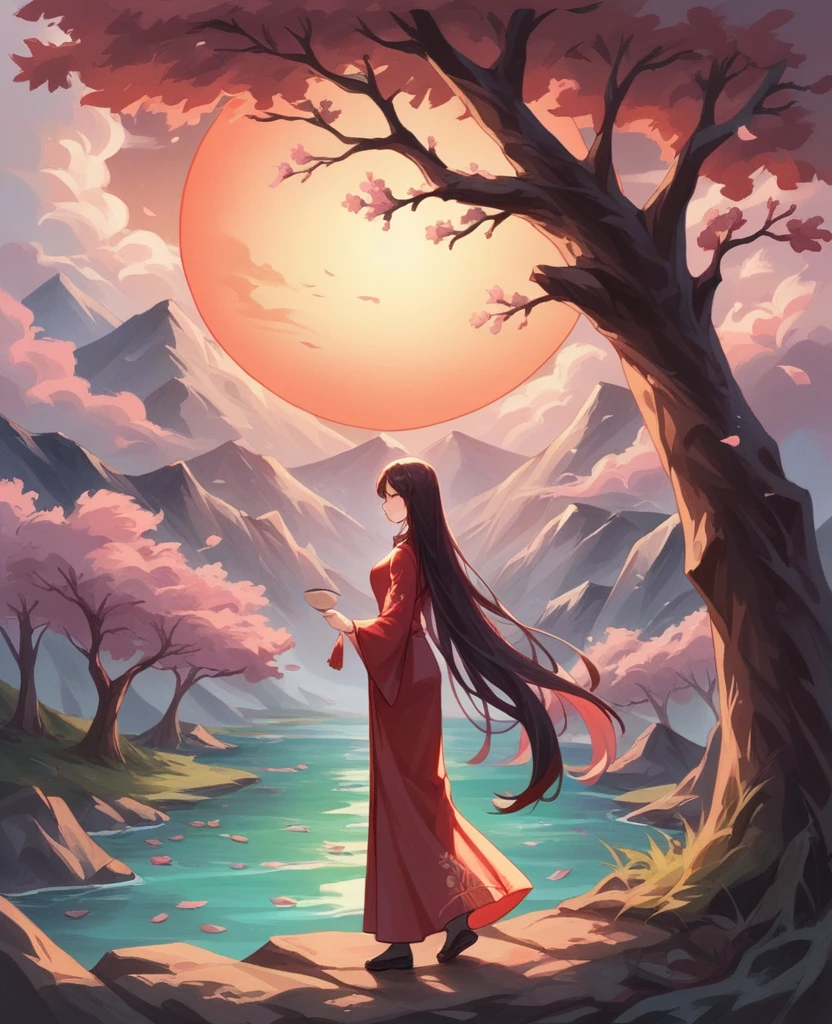 Chinese style, red and white color scheme, ink painting of characters with flowing long hair standing under the tree surrounded by ancient Chinese calligraphy forming an abstract pattern of mountains, rivers and cherry blossoms. Red sun at the top center of the composition. High resolution, high quality, exquisite details, no text or letters.
Full body portrait of a female figure in a long skirt, in the style of high definition ink painting.