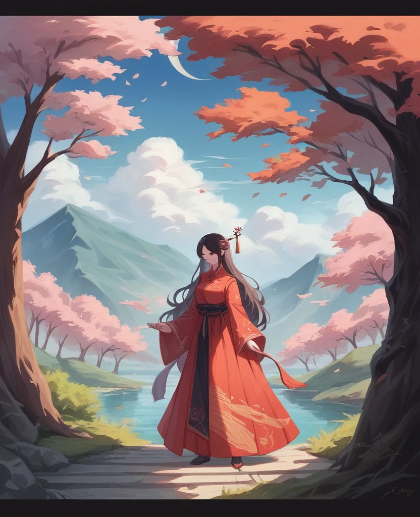 Chinese style, red and white color scheme, ink painting of characters with flowing long hair standing under the tree surrounded by ancient Chinese calligraphy forming an abstract pattern of mountains, rivers and cherry blossoms. Red sun at the top center of the composition. High resolution, high quality, exquisite details, no text or letters.
Full body portrait of a female figure in a long skirt, in the style of high definition ink painting. 