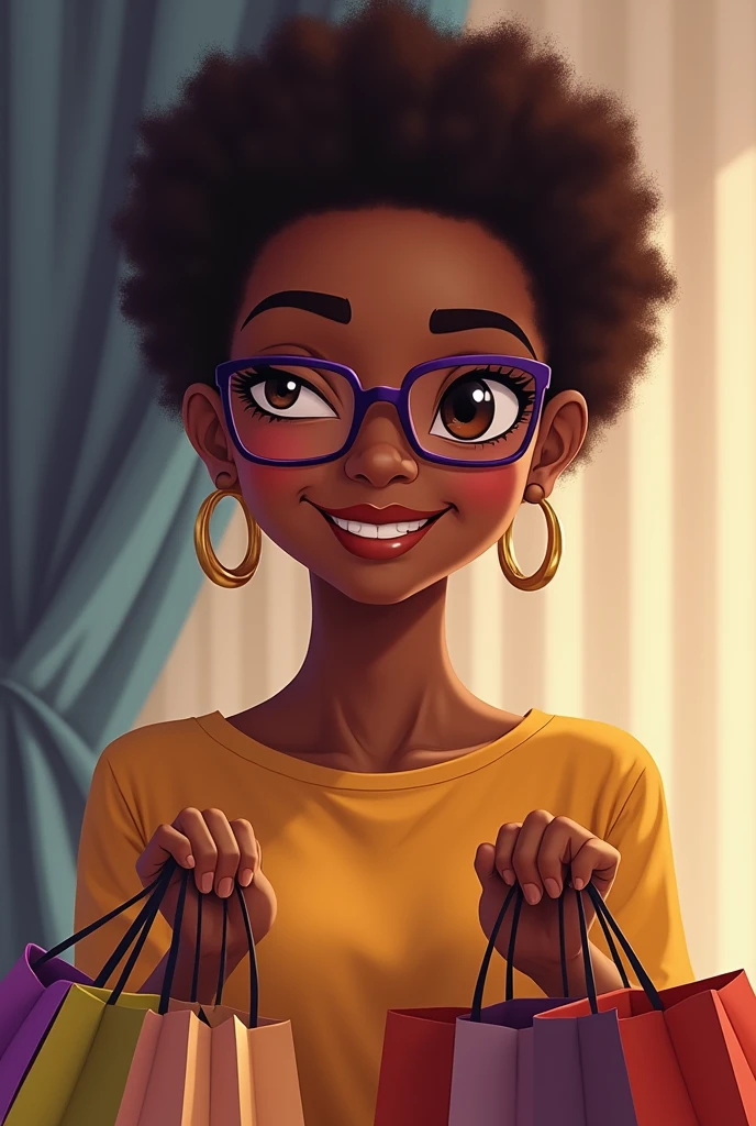 Portrait of an African woman, Brown eyes, curtain, discreet clothing, shorth hair, with rectangular purple glasses, medium hoop earring, Grinning, winking an eye. Brown lipstick and discreet makeup, carrying shopping bags in hand.