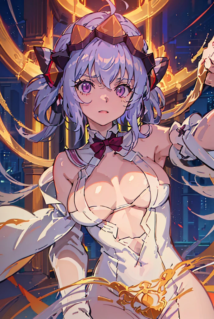 ((masterpiece)), ((Best quality)), (high resolution), (illustration), (an extremely delicate and beautiful), (ultra detailed beautiful face and eyes), nsfw,   1girl, leaning forward,  YukineChris, long hair, purple eyes, twintails, low twintails, ahoge, large breasts,  fishnet pantyhose, red a bow tie,  volumetric lightning, detailed skin texture, detailed, volumetric shadow, anime screencap,Highest quality, Sorceress, ancient babylonian nobility, ((tan skin:1.2)), (brown skin color),Long hair, twin braids, hair ornament, wine colored hair, smile, Below average size breasts, bare shoulders, (underboob:0 Legs apart、Ready your gun?、Stretching arms to emphasize cleavage 8K, masterpiece, Best_quality, high_resolution, ultra_details, detailed, 1girl, 独奏, looking_at_viewer, upper_body, indoors, braid, blurry, bangs, white_hair, blurry_background, collared_shirt, church, hair_ribbon, hair_between_eyes, stained_Glass,sidelocks, depth_of_field, light_particles, window, french_braid, Alphonse Mucha Style, sharp focus, perfect hands, perfect face, perfect eyes, perfect light, dynamic light, natural light, Masterpiece, Best quality, red dress