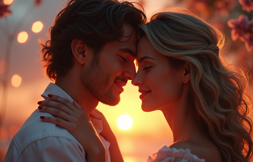 a couple hugging each other tenderly, intimate embrace, warm and affectionate, beautiful detailed eyes, beautiful detailed lips, extremely detailed face, soft skin, flowing hair, romantic atmosphere, radiant lighting, glowing, cinematic, masterpiece, (best quality,4k,8k,highres,masterpiece:1.2),ultra-detailed,(realistic,photorealistic,photo-realistic:1.37), award winning portrait, cinematic lighting, warm colors, vibrant colors