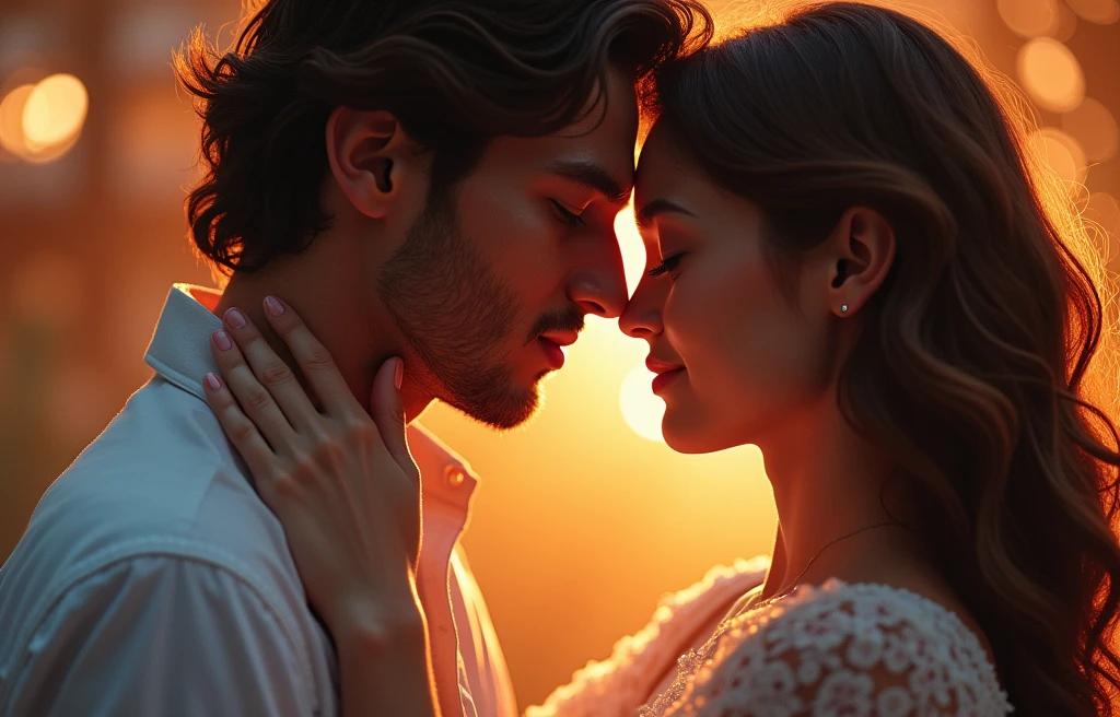 a couple hugging each other tenderly, intimate embrace, warm and affectionate, beautiful detailed eyes, beautiful detailed lips, extremely detailed face, soft skin, flowing hair, romantic atmosphere, radiant lighting, glowing, cinematic, masterpiece, (best quality,4k,8k,highres,masterpiece:1.2),ultra-detailed,(realistic,photorealistic,photo-realistic:1.37), award winning portrait, cinematic lighting, warm colors, vibrant colors