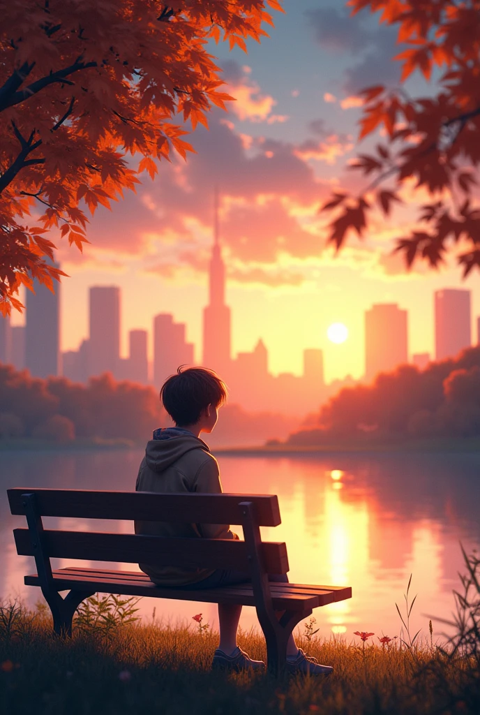 A serene evening scene with a young person sitting on a park bench, gazing at a beautiful sunset. The sky is filled with warm hues of orange and pink, with soft clouds drifting by. The person is wearing a light jacket and is backlit by the setting sun, casting long shadows on the ground. The bench is placed near a calm lake with the city skyline in the distance, partially obscured by trees with autumn-colored leaves. The mood is peaceful and reflective, with gentle light illuminating the scene.
