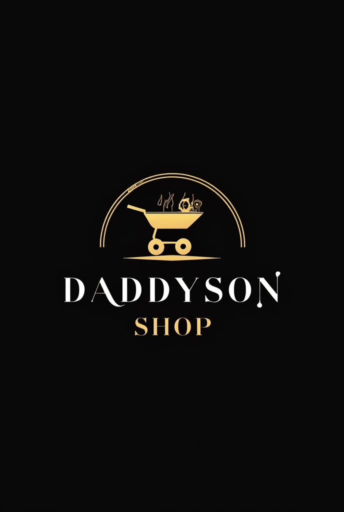 Un logo noir et or tout droit sur le DADDYSON shop accompagné d'une pianier market et un moule de suspension pour vêtement 