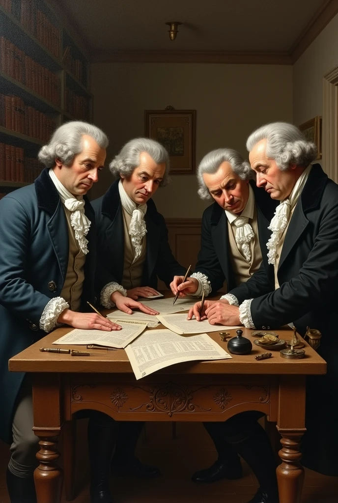 Picture of 4 male mathematicians doing math in the 18th century