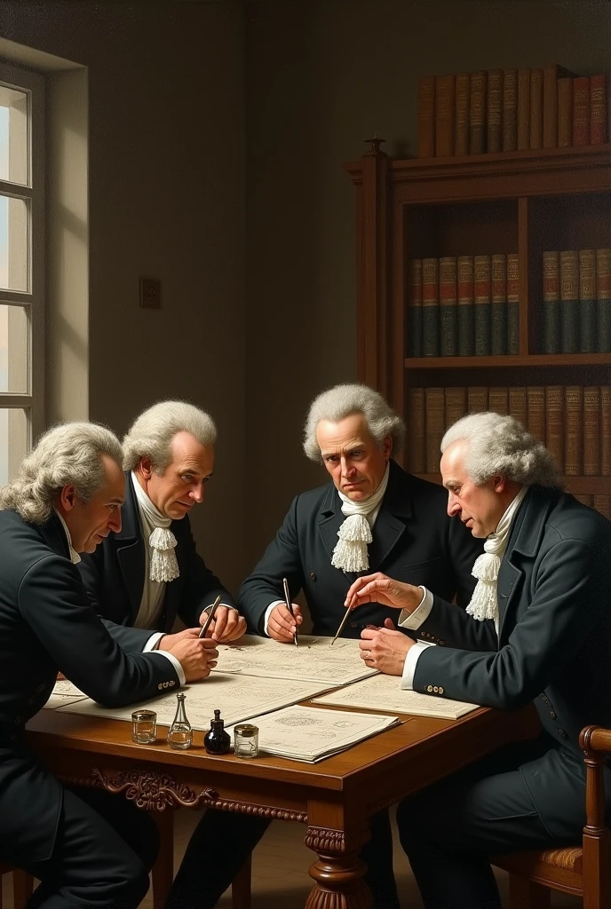 Picture of 4 male mathematicians doing math in the 18th century