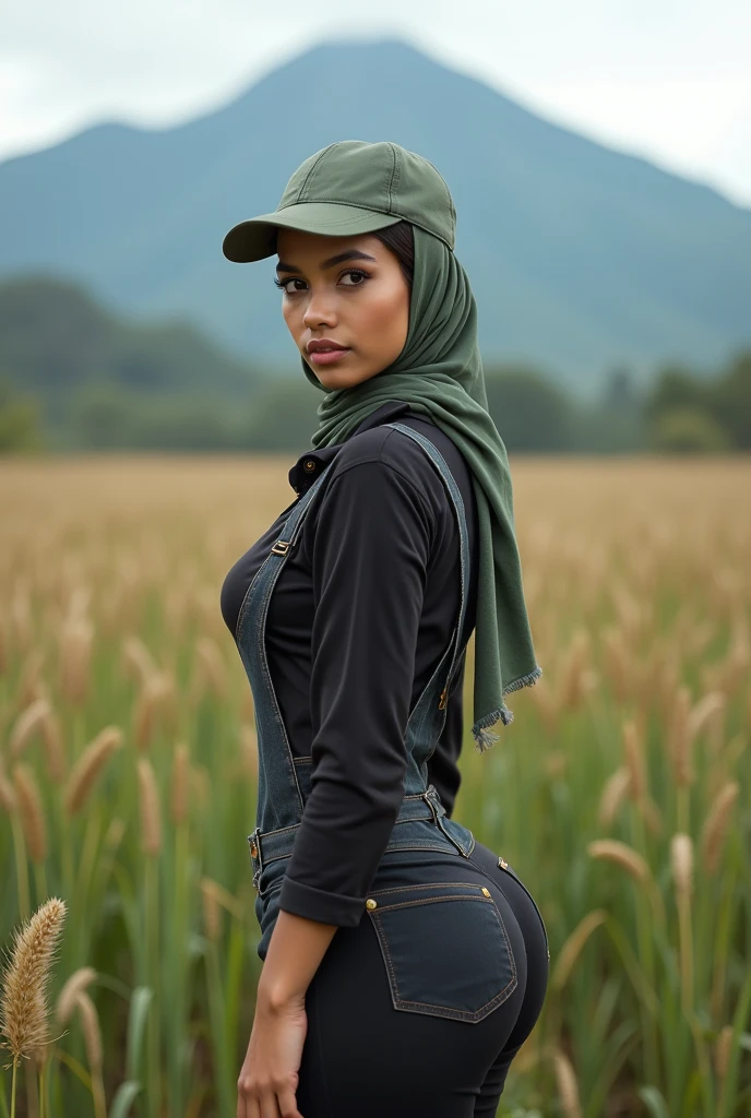 full-body portrait photograph of a young java woman hijab with polo Cap, wearing pinafore with tight-fitting , hotpant with leggings, oversized_breasts.", she is hiking, beautiful_breasts. sensual body, in a unique, photoshot model, ((In front of field of reeds in top of mountais)), pullover, highres, 4k, HDR, 1girl, photorealistic, realistic, big booobs, turning away facial at viewer, closeup