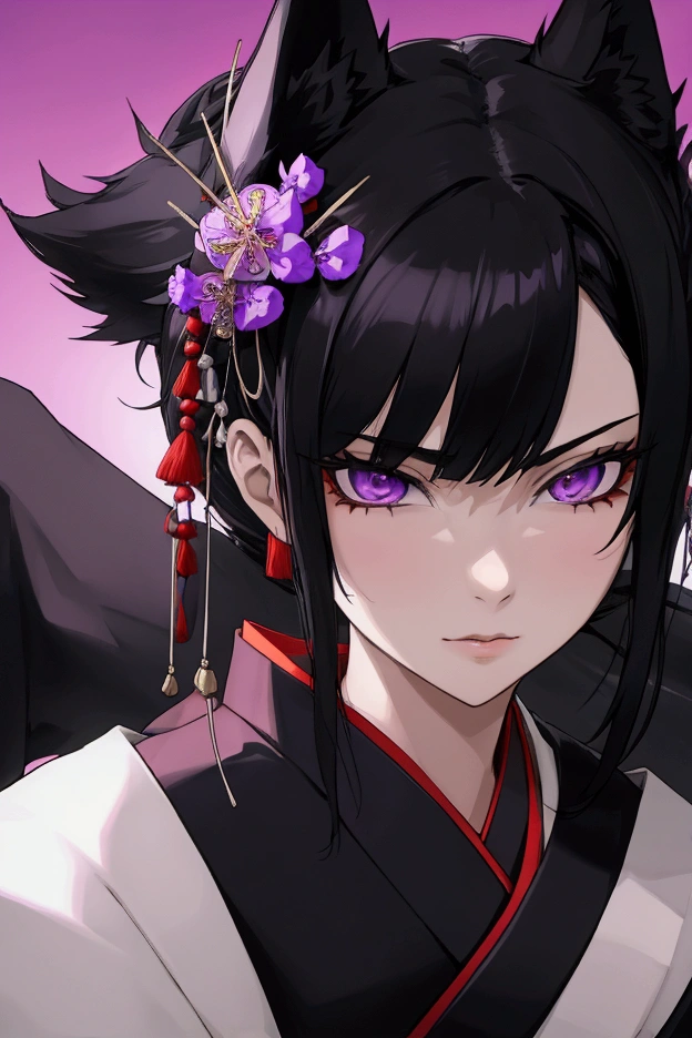 18, female, black hair, purple eyes, black wolf era's, kimono, fit, best quality
