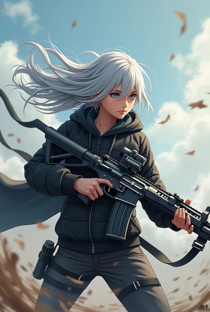 An illustration、、Assault rifle、Silver Hair、Wind、anime