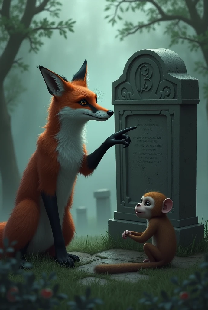 The fox looked at the monkey and pointed at the grave.