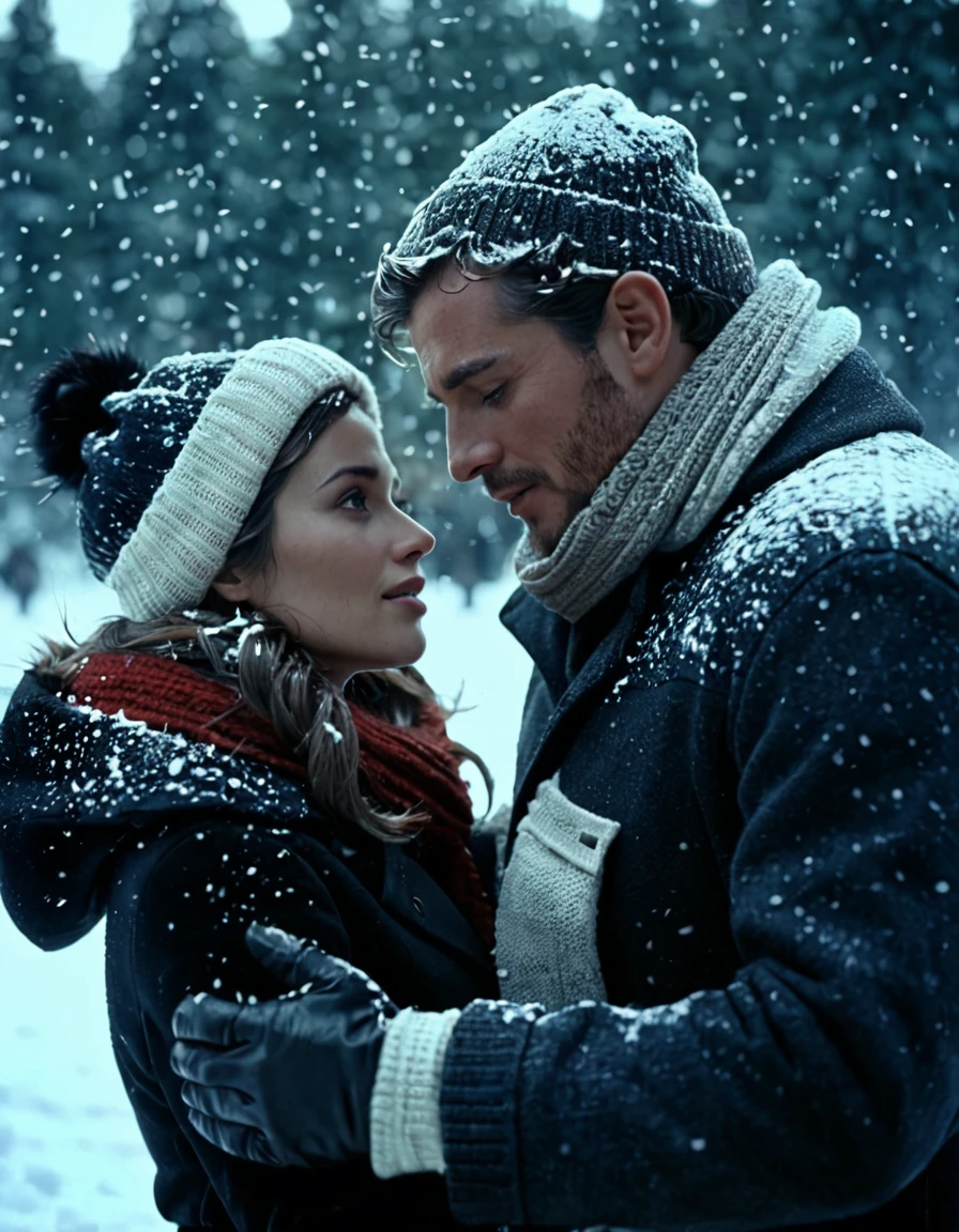 cinematic film still of Cinematic Film stock footage in (arri alexa style) Kodak film print, a man and a woman are embracing in the snow Cinematic Film Style, shallow depth of field, vignette, highly detailed, high budget, bokeh, cinemascope, moody, epic, gorgeous, film grain, grainy
