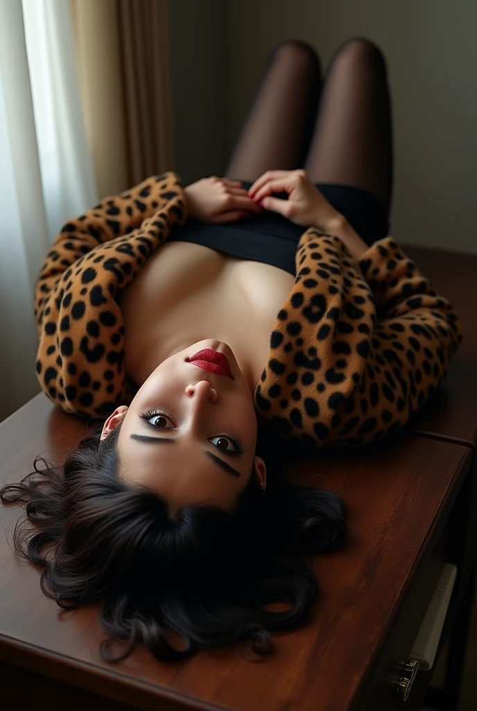 an extremely beautiful woman, dark eyed, Dark brown hair, small nose full lips, dressed in a leopard-print fluff coat, a pair of black pantyhose, Posing, lying on her back at a desk