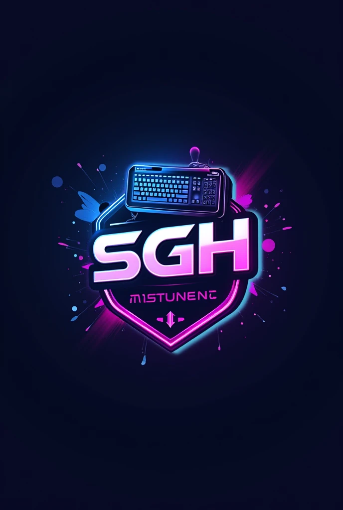 crée moi un autre logo pour le site Sanso Gaming House avec les lettres S G H et un clavier en arrière plan en petit juste derrière les lettres et plein d’étincelles bleu rose violet autour