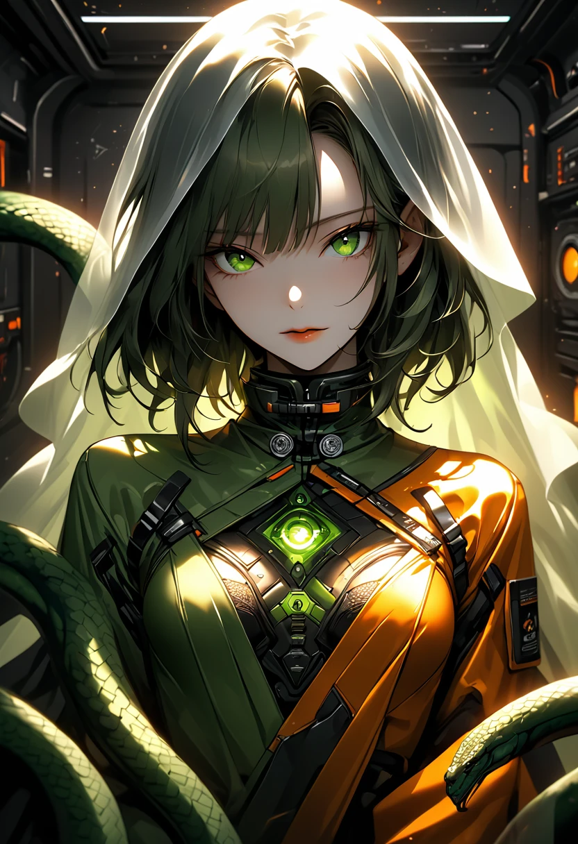 atmosfera sombria sexy In a futuristic space station bedroom, Asian samurai hair coque sexy face meiga agressiva tropa coronel take militar scurly moicano repicado hair cascading over shoulders, marron Green serpent eyes sparkling with longing, quase nua e transparente tapa sex com um véu envergonhada figure partially veiled by a gleaming orange PVC bedsheet, gaze locked onto the camera lens, chiaroscuro effect, soft ambient lighting casting subtle highlights and shadows on the curves and fabric, creating an intimate yet tasteful portrayal, digital painting, high contrast, dynamic composition, octane rendering.