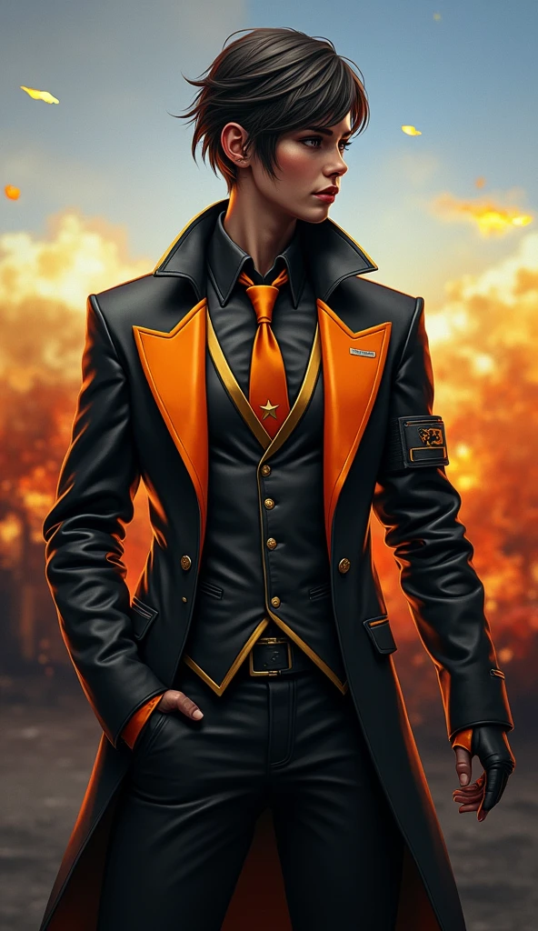 Create an best classy outfit for my pubg character in Black color and base orange and golden color contrast and light yellow flames