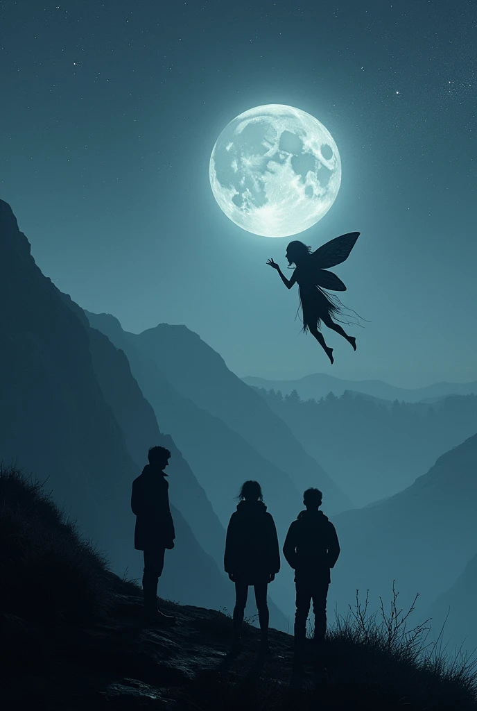 Make human shadows look more human, but that the shadows, stay in black.
And make a fairy flying in front of them and also be a dark shadow.
Arrange the background so they can see stargazing on a mountain.