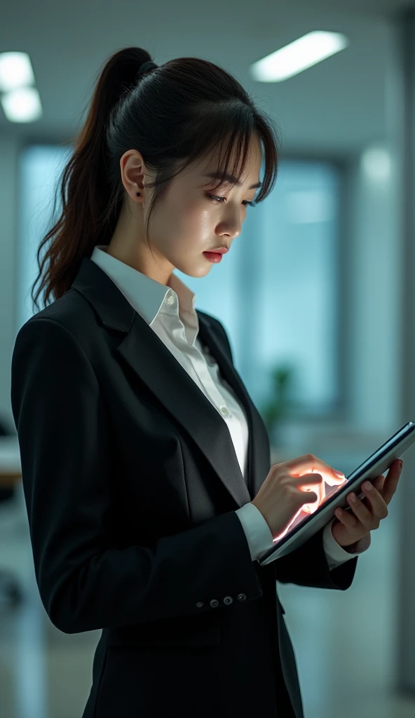 Woman in suit using tablet computer in room, work, San Yun-ju, Live-action movie stills, Park Shin Hye plays a super villain, Full Device, With the magic tablet, Super villain IU Lee Ji-eun, Profile Pose, [ Realistic photos ]!!, Shin Min-jung, Serious Work, sloth, Elegant appearance