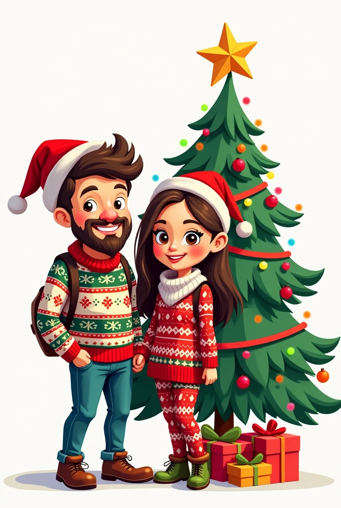 A cartoon couple wearing Christmas clothes with a Christmas tree next to them. 2d drawing with outline