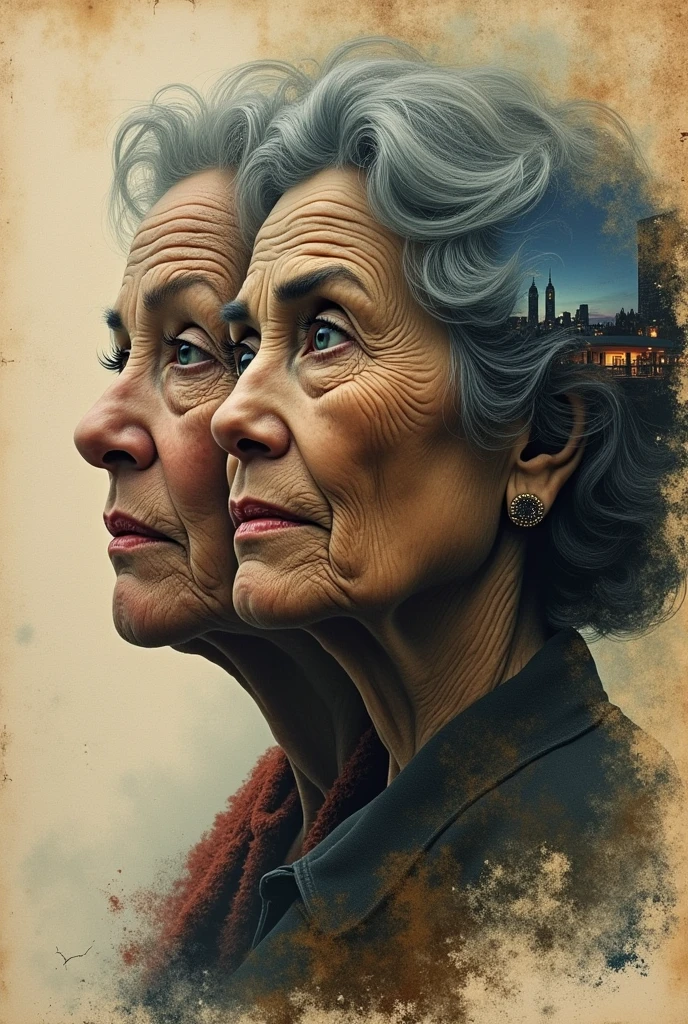 Prompt: Separated faces, grandmother and woman. Double exposure. Background: evening city and old cracked photograph. Hyperrealism, drawing details. Acrylic, alcohol ink. Background: old paper.