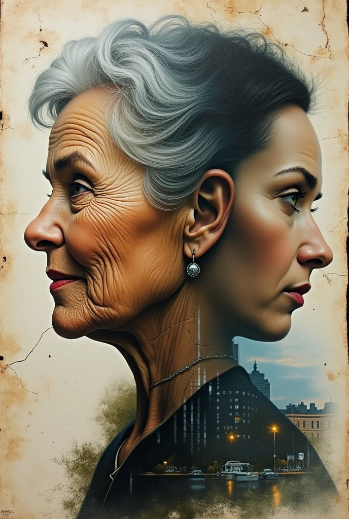 Prompt: Separated faces, grandmother and woman. Double exposure. Background: evening city and old cracked photograph. Hyperrealism, drawing details. Acrylic, alcohol ink. Background: old paper.
