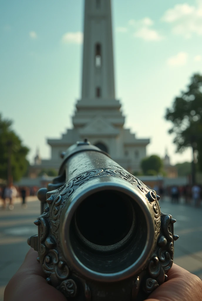 Drawing of a gun barrel pointed at the Democracy Monument