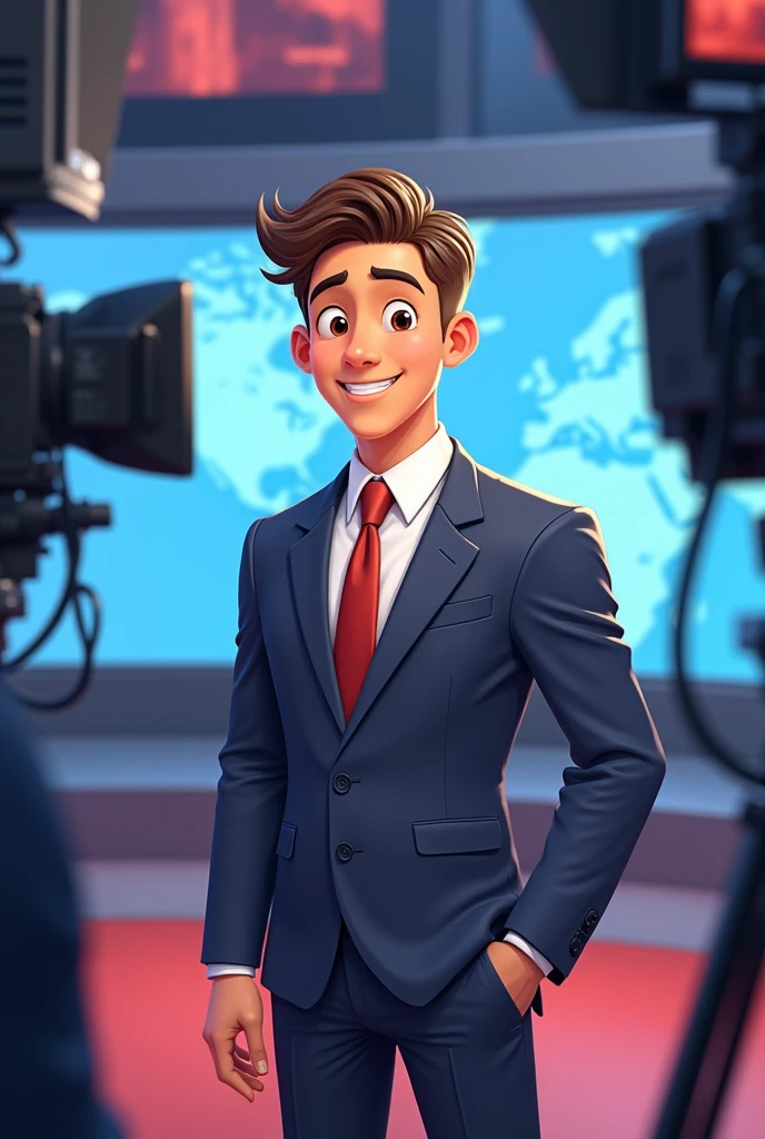 A cartoon image of an authentic young man wearing a suit on a television news program exuding professionalism as an interviewer
