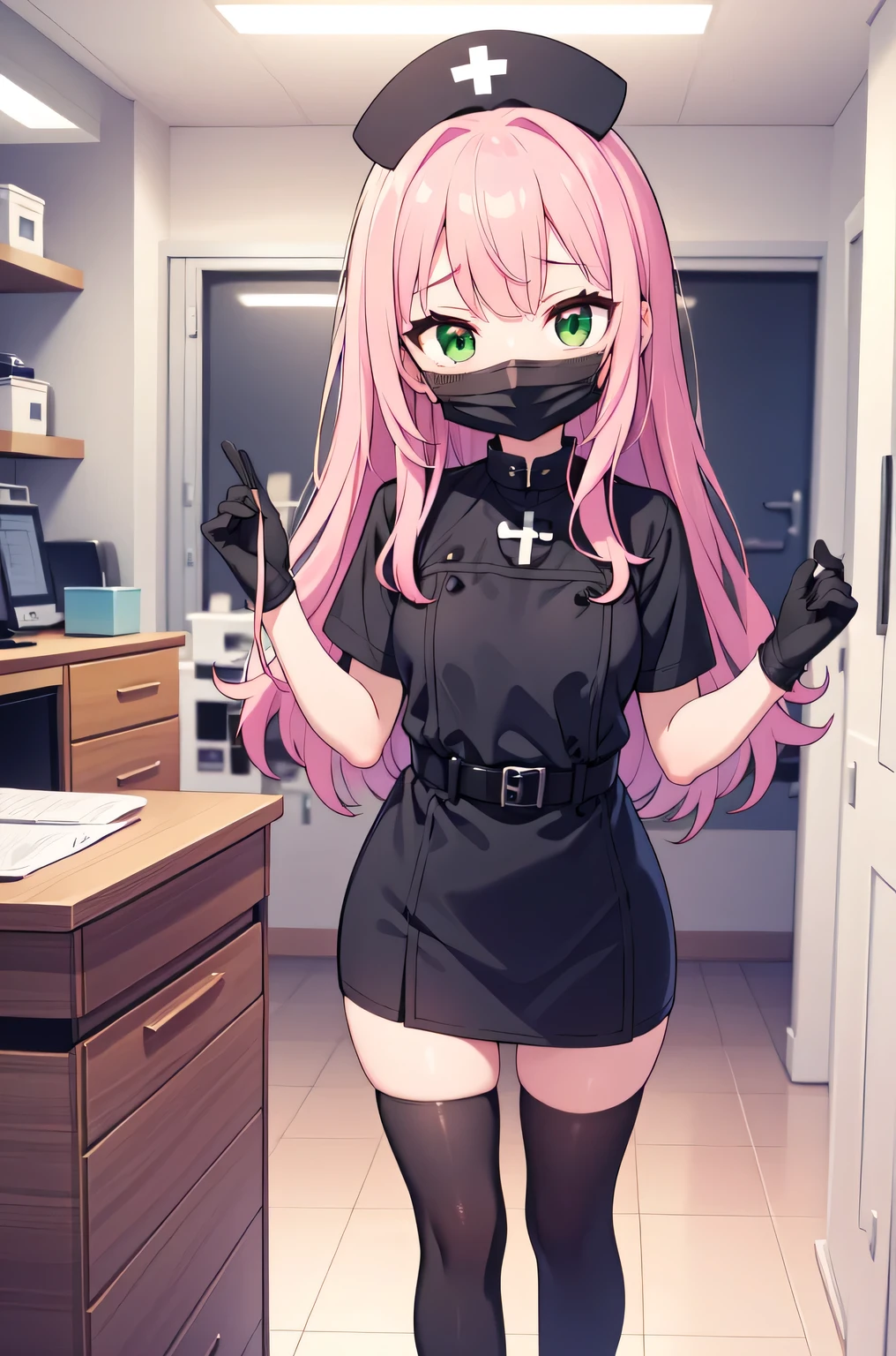 black nurse, 1girl, solo, black nurse cap, black nurse uniform, ((black legwear, zettai ryouiki)), black elbow gloves, pink hair, green eyes, drooping eyes, ((black surgical mask, covered nose)), standing, ((surgery room)), sharp outline, short sleeves, best quality, masterpiece