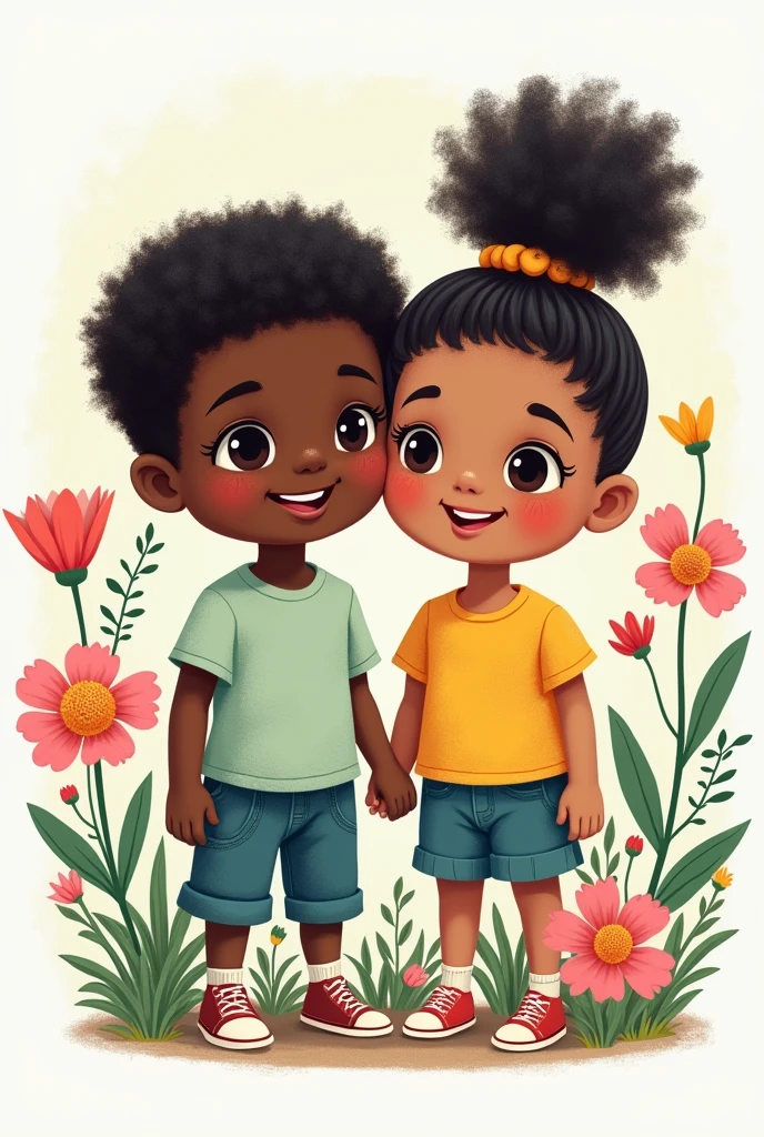 /imagine logo un Enfant garçon noir et une fille blanche, je veux des fleurs avec de la couleur (vert menthe, rose etc) e 