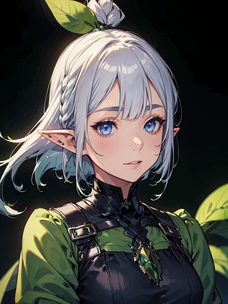 Green clothing、Black background with spotlight, Long eyelashes, Pointed Ears、Elf、Silver Hair、blue eyes、Braided shorthair、