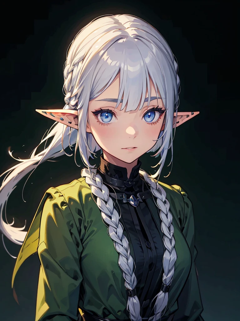Green clothing、Black background with spotlight, Long eyelashes, Pointed Ears、Elf、Silver Hair、blue eyes、Braided shorthair、