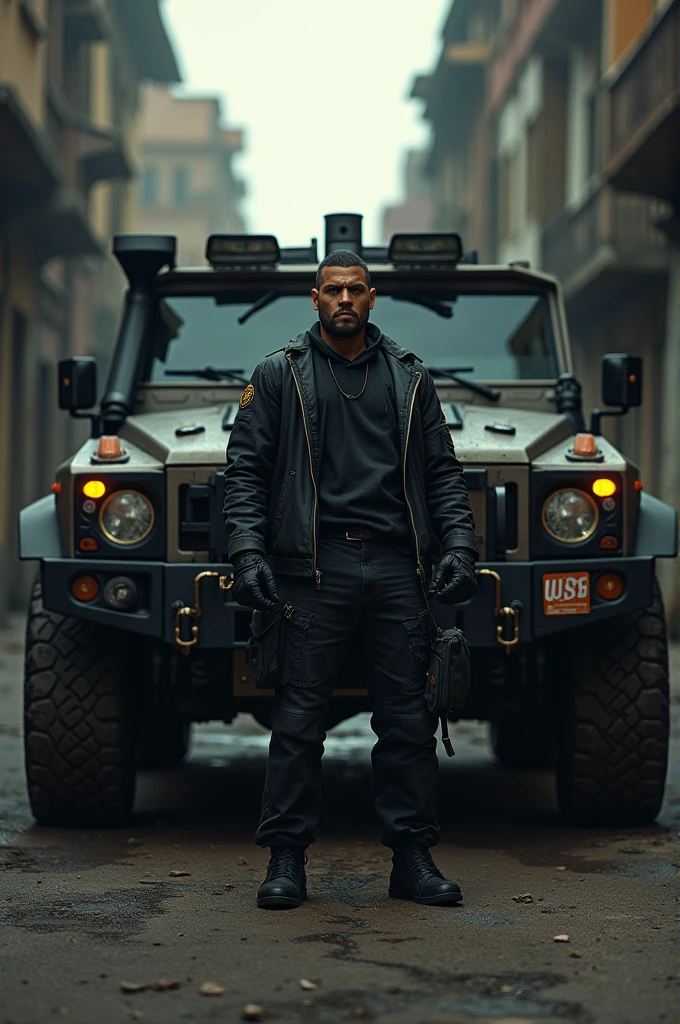 Image of drug dealer taking selfie with an armored vehicle