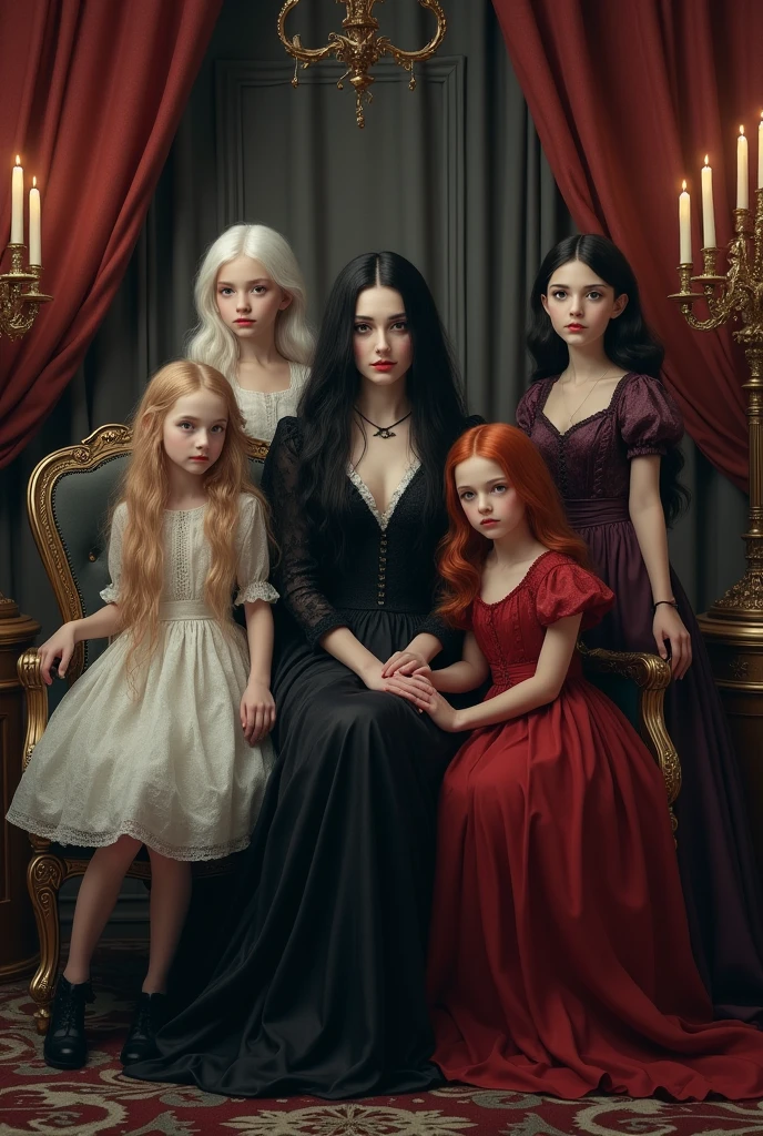 A vampire mother with long black hair in an 18th century bedroom sitting with her four children with the following characteristics: 1 white haired daughter, 2 red-haired daughters and 1 black-haired son