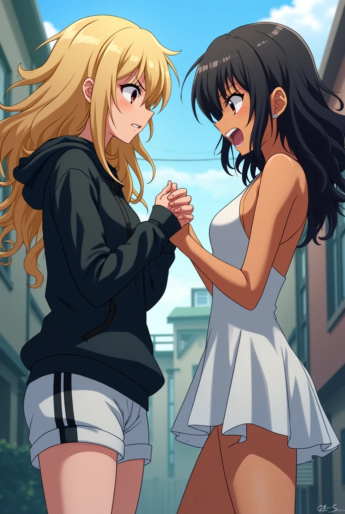2 girl with long, disheveled curly blonde hair, Brown eyes, He is wearing a long black sweatshirt and white short sports pants., He angrily holds by the hand a woman with curly black hair, medium length, tanned skin, She is wearing a short, low-cut white dress, She is laughing. The background is houses. anime kakegurui style 