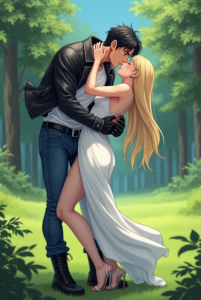 A muscular young man with black hair, wearing a white round-neck shirt and a black leather jacket over it, wearing blue jeans with a zipper down and an erect penis sticking out, black gloves, a black belt, and black combat boots, Having sex with a blonde woman wearing a white dress White dress and high heels In missionary position On the meadow in the forest, anime.