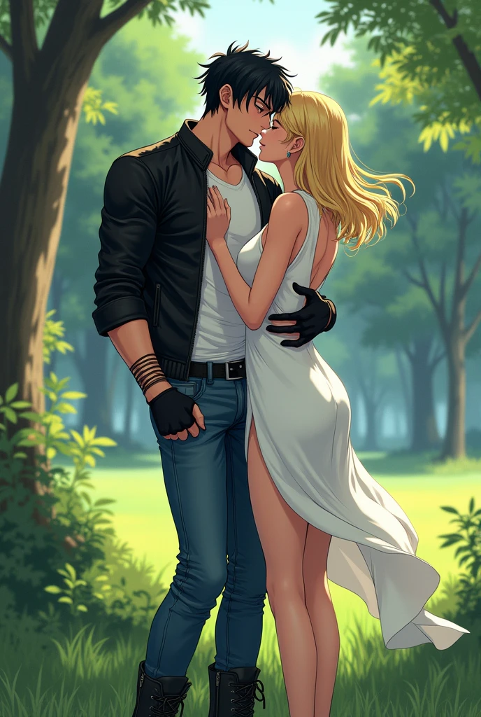 A muscular young man with black hair, wearing a white round-neck shirt and a black leather jacket over it, wearing blue jeans with a zipper down and an erect penis sticking out, black gloves, a black belt, and black combat boots, Having sex with a blonde woman wearing a white dress White dress and high heels In missionary position On the meadow in the forest, anime.