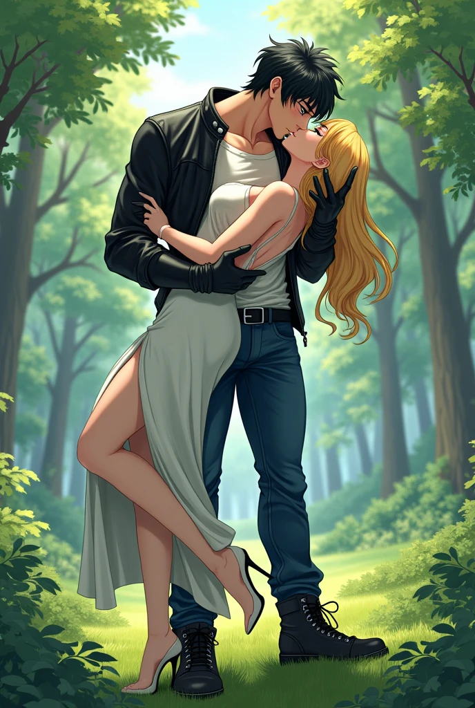 A muscular young man with black hair, wearing a white round-neck shirt and a black leather jacket over it, wearing blue jeans with a zipper down and an erect penis sticking out, black gloves, a black belt, and black combat boots, Having sex with a blonde woman wearing a white dress White dress and high heels In missionary position On the meadow in the forest, anime.